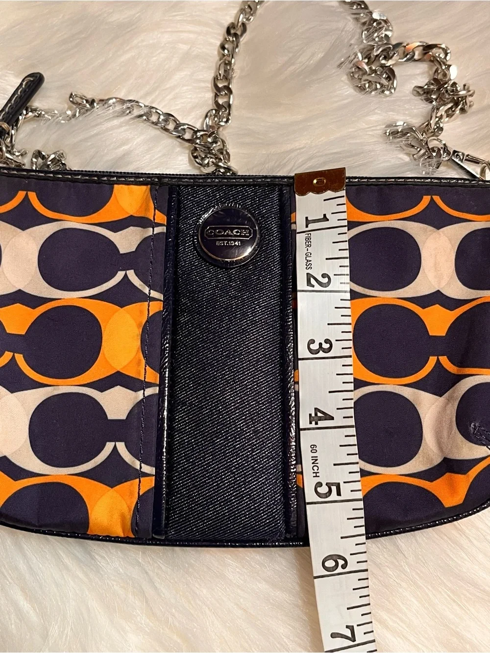 Coach Orange Navy Signature Chain Shoulder Bag with Black Trim